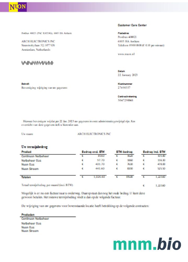 NUON gas rachunek za usługi komunalne